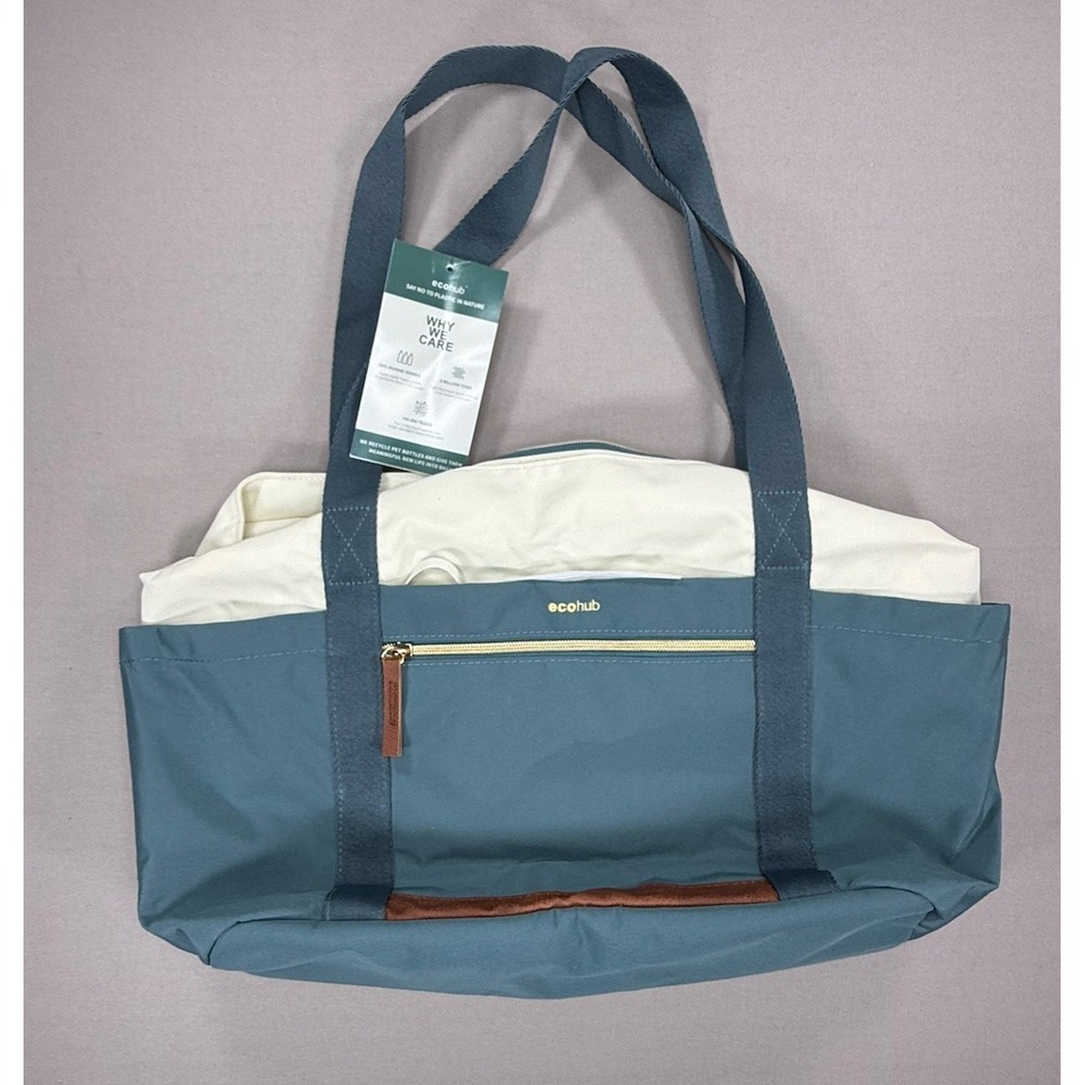 ECOHUB Toteโ Bag Women Blue Beige Pockets Recycle Medium Canvas Travel Zip Work